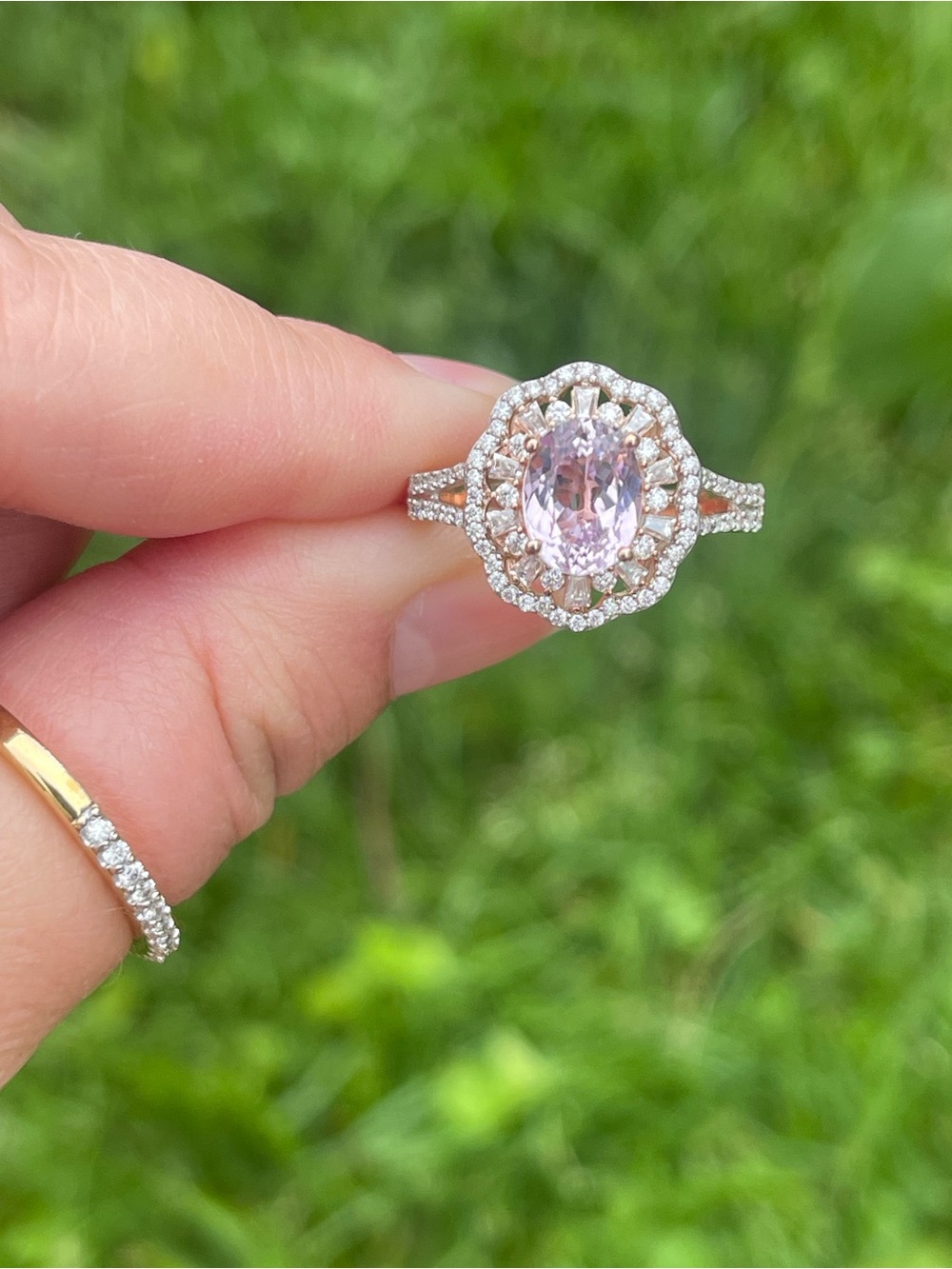 Kunzite and Moissanite Halo Ring